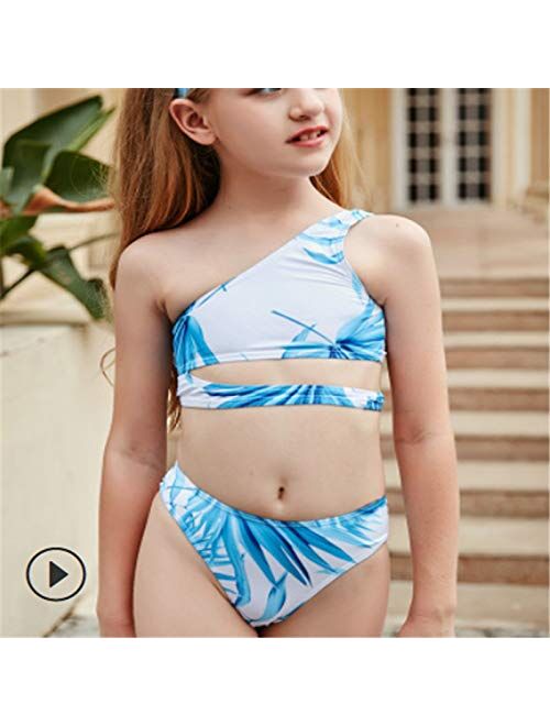 YIXING Kids Girl's Two Piece Swimsuit One Shoulder Vest Solid Color Sling High Waist Shorts for Clothing Set Beach Swimwear (Color : Blue, Size : 150)