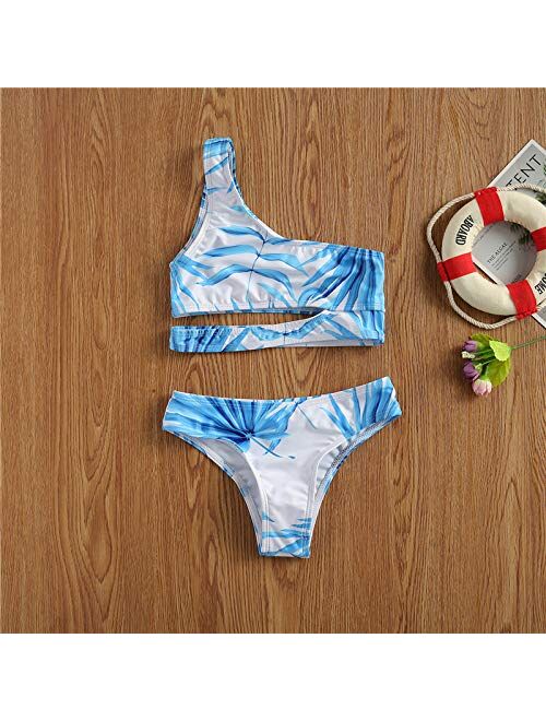 YIXING Kids Girl's Two Piece Swimsuit One Shoulder Vest Solid Color Sling High Waist Shorts for Clothing Set Beach Swimwear (Color : Blue, Size : 150)