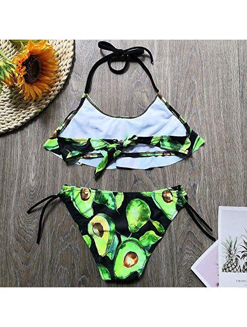 YIXING 5-14 Years Girl Swimsuit Kids Tropical Avocado Print Teenage Girl Bikini Set Halter Top Girls Bathing Suits Children's Swimwear (Color : Green, Size : 7 8)