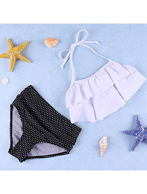 5-10 Years Girl Swimsuit Ruffle 2 Piece Children's Swimwear Halter Top Little Girl Bikini Set Print Girl Bathing Suit Beachwear (Color : Blue, Size : 146 152(9 10 Years))