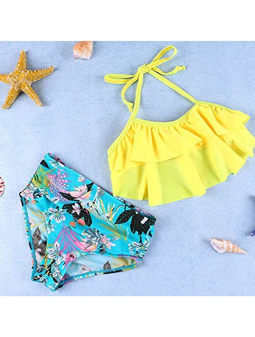 5-10 Years Girl Swimsuit Ruffle 2 Piece Children's Swimwear Halter Top Little Girl Bikini Set Print Girl Bathing Suit Beachwear (Color : Blue, Size : 146 152(9 10 Years))
