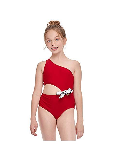 YIXING Girls One Pieces Swimwear Bow One Shoulder Swimsuit Lovely and Sweet Beachwear Swimming Angel in The Water Bathing Suit (Color : Red, Size : 116)