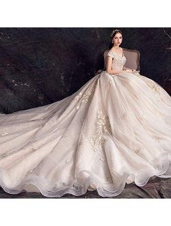 IOIOA Wedding Dresses, Women's Wedding Dress for Bride Lace Applique Evening Dress V Neck Straps Ball Gowns