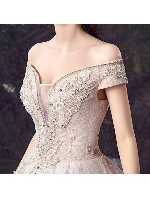 IOIOA Wedding Dresses, Women's Wedding Dress for Bride Lace Applique Evening Dress V Neck Straps Ball Gowns