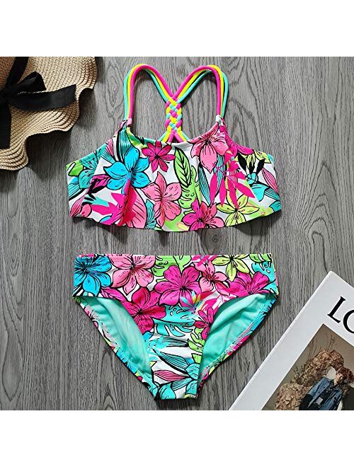 Girl Swimsuit Kids Flounce Two Piece Children's Swimwear 5-18 Years Teenage Girl Bikini Set Girls Bathing Suit Beachwear (Color : Multi, Size : M(7 8))