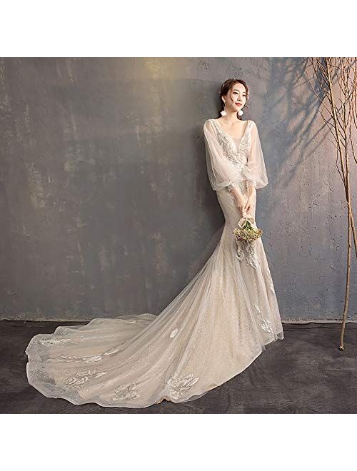 zjyfyfyf Women's V-Neck Wedding Dress Bridal Ball Gowns Skirt Long Tail Wedding Dress (Color : White, Size : X-Small)
