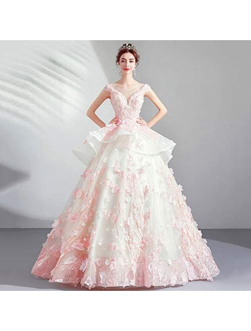 Women's Lace Wedding Dress Formal Party Bride Tulle Dress Bridal Cherry Blossoms Ball Gown Puffball Skirt full dress