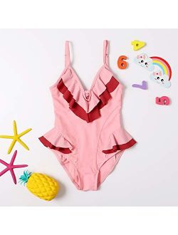 YIXING Summer New Girls Fresh Contrast Color One-Piece Swimwear Fashion Ruffles Bow Backless Suspender Triangle Swimsuit (Color : Pink, Kid Size : 120)
