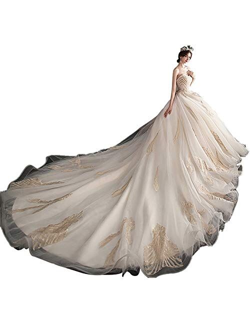zjyfyfyf Women's Wedding Dress Formal Long Evening Party Backless Dress Prom Ball Gown Lace Bridal Dress (Color : White, Size : Small)