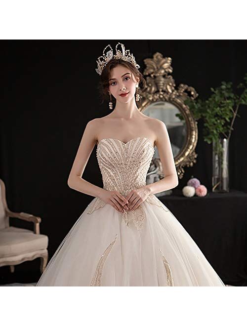 zjyfyfyf Women's Wedding Dress Formal Long Evening Party Backless Dress Prom Ball Gown Lace Bridal Dress (Color : White, Size : Small)