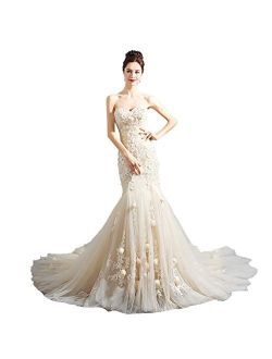 zjyfyfyf Women's Floral Embroidery Design Wedding Dress Mermaid Evening Dress Wedding Evening Prom Gown Dresses (Color : Beige, Size : Small)