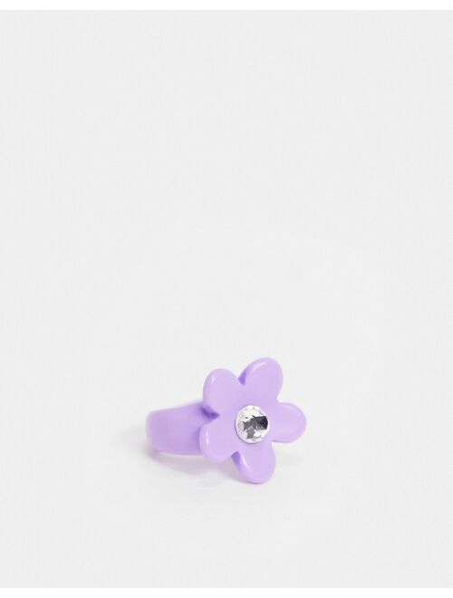 ASOS DESIGN ring with purple flower in plastic
