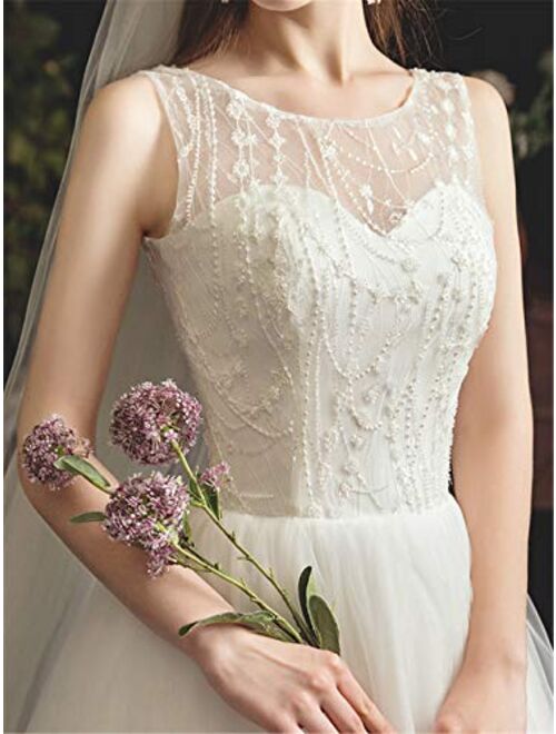 L-ELEGANT Wedding Dress, Lace Round Neck Sleeveless Stereoscopic Manual Embroidery Simple White Trailing Bride Dress