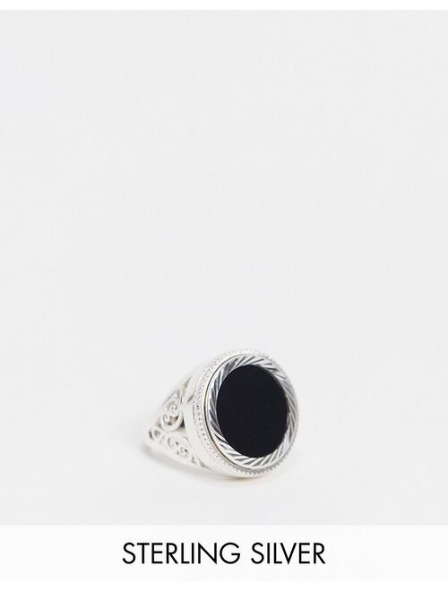 Chained & Able sterling silver sovereign ring with onyx stone and scroll detail