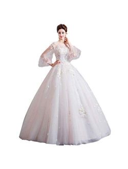 Women's Wedding Dress Sexy Bride Prom Gown Formal Praty Lace Long Sleeve Bridal Dresses Tulle Skirts Pretty Gown (Color : White, Size : Small)