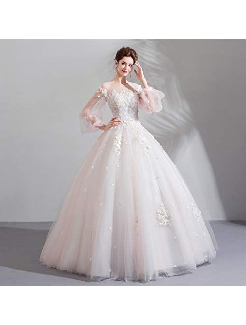 Women's Wedding Dress Sexy Bride Prom Gown Formal Praty Lace Long Sleeve Bridal Dresses Tulle Skirts Pretty Gown (Color : White, Size : Small)