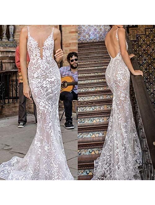 Fenghuavip Lace Appliques Wedding Dress Slim Fit Translucent Wedding Gowns for Bride 2019