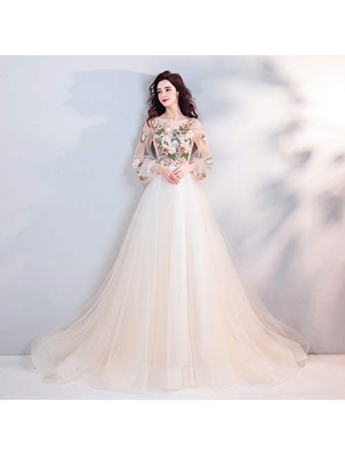 zjyfyfyf Women's Crew Neck Floral Embroidered Wedding Dress Prom Dresses Layered Tulle Formal Prom Ball Gowns (Color : Champagne, Size : 3X-Large)