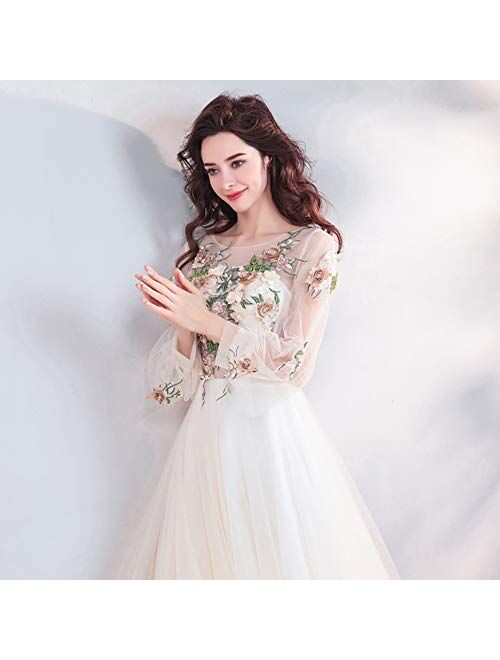 zjyfyfyf Women's Crew Neck Floral Embroidered Wedding Dress Prom Dresses Layered Tulle Formal Prom Ball Gowns (Color : Champagne, Size : 3X-Large)