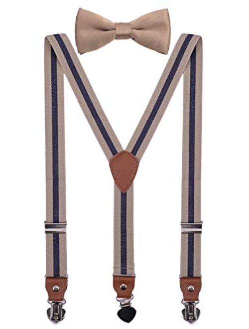 SUNNYTREE Mens Boys Suspenders Adjustable Y Back with Bow Tie Set for Wedding Party 