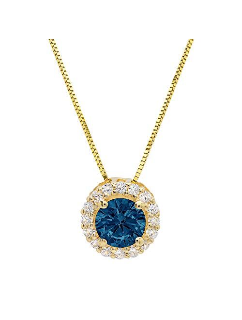 1.35 ct Brilliant Round Cut Natural London Blue Topaz Pave Halo VVS1 D Solitaire Pendant Necklace With 16" Gold Chain box Birthstone Solid Real 14k Yellow Gold, Clara Puc
