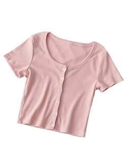Women's Round Neck Short Sleeve Button Rib Knit Crop Tops T Shirts