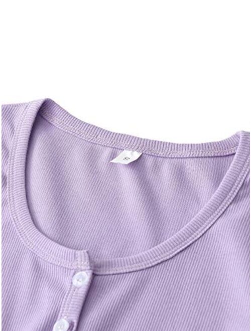 SheIn Women's Round Neck Short Sleeve Button Rib Knit Crop Tops T Shirts