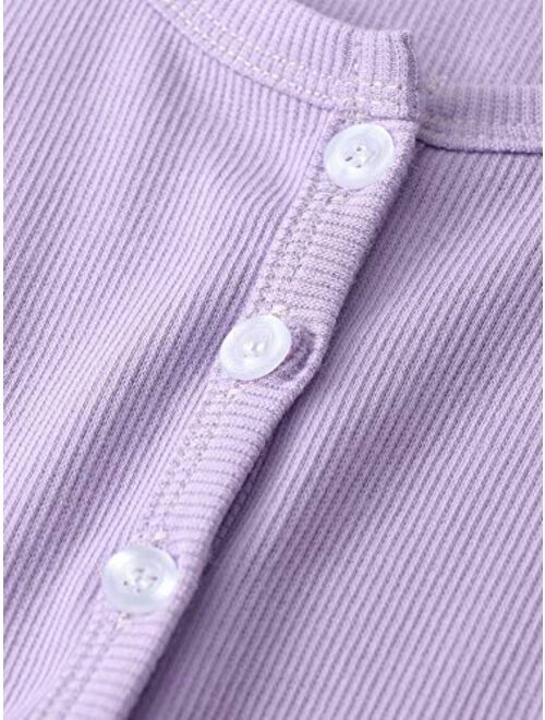 SheIn Women's Round Neck Short Sleeve Button Rib Knit Crop Tops T Shirts