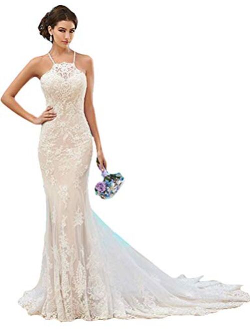 Fenghuavip Elegant Halter Lace Long Train Bridal Beach Wedding Dress