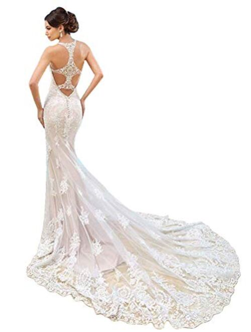 Fenghuavip Elegant Halter Lace Long Train Bridal Beach Wedding Dress