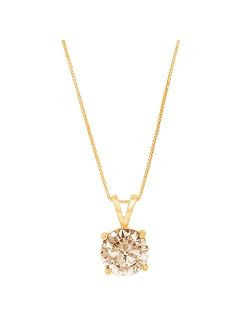 3.0 ct Brilliant Round Cut Stunning Genuine Brown Champagne Simulated Diamond CZ Ideal VVS1 D Solitaire Pendant Necklace With 16" Gold Chain Box Birthstone Solid 14k Yell