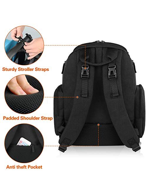 Diaper Bag Backpack, Large Storage Diaper Bag with Portable Changing Pad, Travel Water Resistant Baby Diaper Backpack for Men Women with Insulated Pockets, Stroller Strap