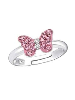 Aube Jewelry Hypoallergenic 925 Sterling Silver Pink Crystal Butterfly Ring Adjustable Size for Girls and Women