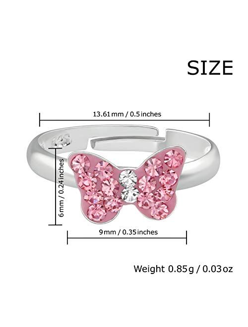 Aube Jewelry Hypoallergenic 925 Sterling Silver Pink Crystal Butterfly Ring Adjustable Size for Girls and Women