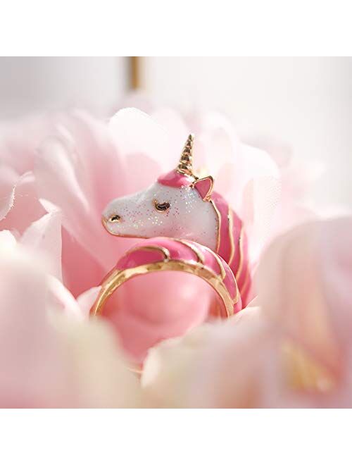 Unicorn Girls Adjustable Rings for Kids, 18K Gold Plated Hand Painted Toddler Jewelry, Cute Girl Ring for Children Pretend Party , with Gift Box