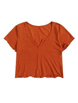 Women's Solid V Neck Short Sleeve Knit Crop Top Tee Shirts