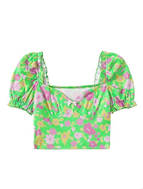 SweatyRocks Women's Floral Puff Short Sleeve Summer Square Neck Crop Blouse Tops