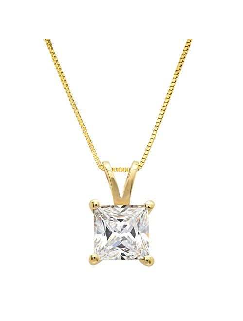 1.05 ct Brilliant Princess Cut Stunning Genuine Created White Sapphire Ideal VVS1 D Solitaire Pendant Necklace With 16" Gold Chain box Solid 14k Yellow Gold, Clara Pucci