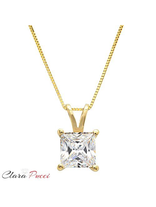 1.05 ct Brilliant Princess Cut Stunning Genuine Created White Sapphire Ideal VVS1 D Solitaire Pendant Necklace With 16" Gold Chain box Solid 14k Yellow Gold, Clara Pucci