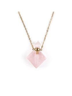 YGLINE Rose Quartz Healing Crystal Necklace Natural Gemstones Perfume Bottle Pendant Necklace for Womens Girls Ladies