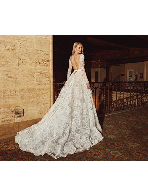 Fenghuavip Luxury Lace Cathedral Wedding Dress Long Train Bridal Wedding Gowns Backless