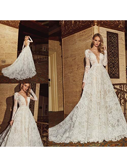 Fenghuavip Luxury Lace Cathedral Wedding Dress Long Train Bridal Wedding Gowns Backless