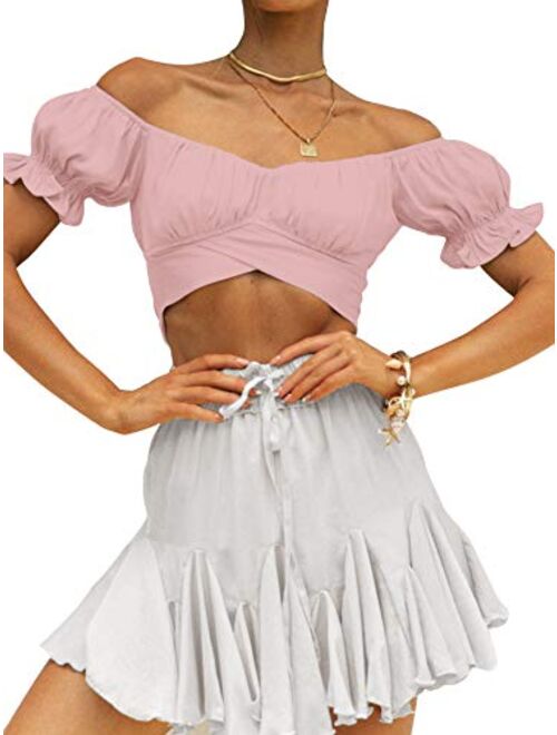 Women Ruffled Off Shoulder Rouched Gathered Short Sleeve Crop Short Top CB 