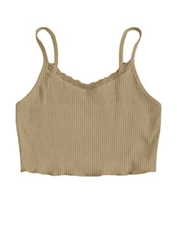 Women's Contrast Lace Spaghetti Strap Ribbed Knit Crop Cami Top
