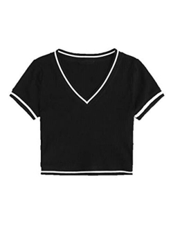 Women's Sexy V Neck Lace Hem Ribbed Knit Tee Shirt Crop Top