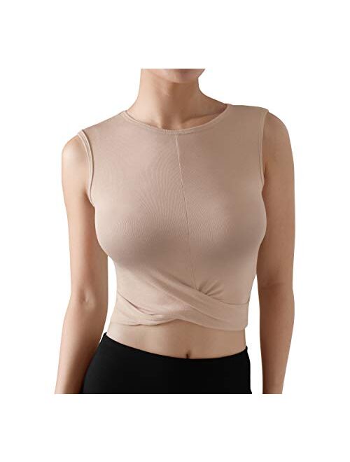ODODOS Women's Long Sleeve Crop Tops See Through Slim Fitted Cross Wrap Shirts