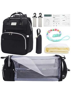 Waterproof Crib Diaper Bag Backpack,Waterproof Travel Bassinet Foldable Baby Bed with Changing Station for Travel Bed Diaper Pad Stroller Organizer (Black+Grey)