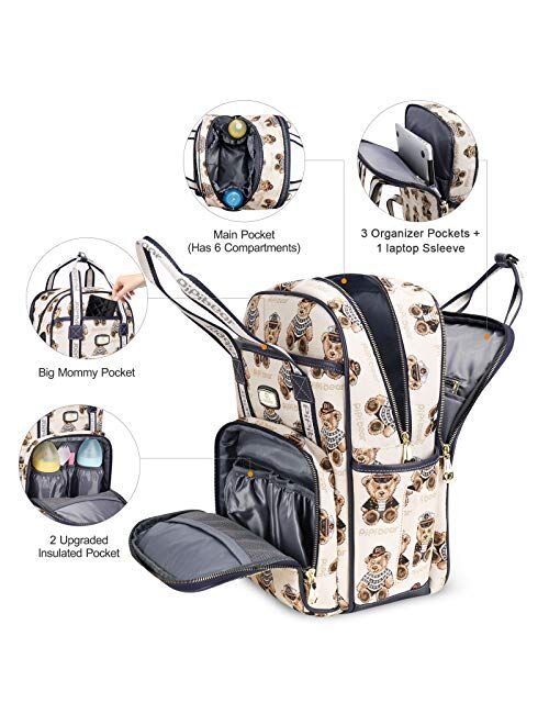 Diaper Bag Backpack,Pipi bear Travel Diaper Backpack with USB Charging Port and Changing Pad, Stylish Large Capacity Mummy Maternity Nappy Bag ( Cream )