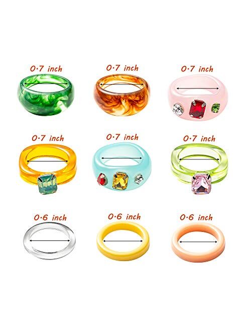 PANTIDE 9Pcs Retro Resin Acrylic Diamond Ring- Vintage Wood Plastic Resin Ring Colorful Index Finger Ring Jewelry Valentine's Day Gift, Fashion Unique Square Gem Ring Fig