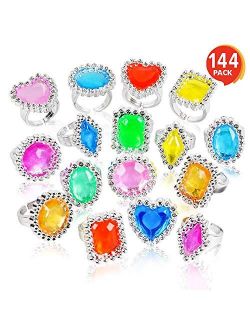 ArtCreativity Plastic Jewel Princess Rings for Kids - 144 Pack - Colorful Birthday Party Favors for Girls - Dress Up Accessories, Goodie Bag Fillers, Cupcake Toppers, Par